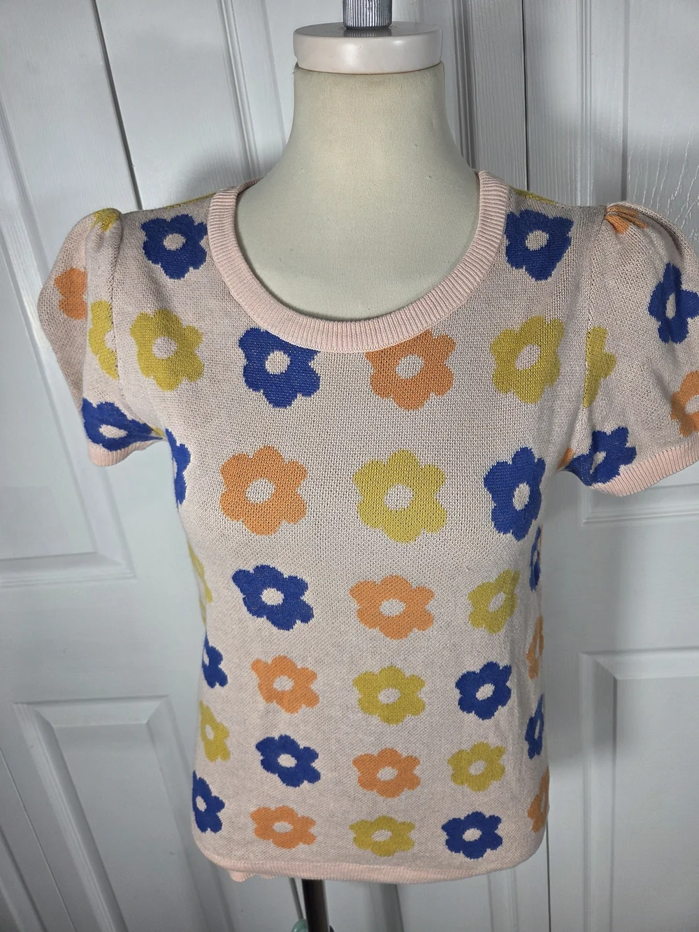 ModCloth Floral Knit Puff Sleeve Sweater Top M